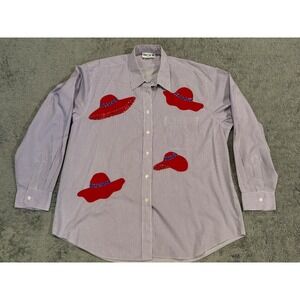 Shane Lee Inc Shirt Womens XL Purple Striped Red Hat Patches Long Sleeve Button